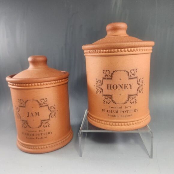 Fulham Pottery Set of 2 Jam Jar & Honey Pot w Lids Crock Redware England Rare - Picture 13 of 13